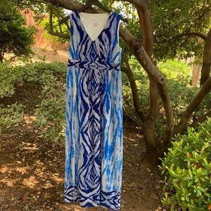 Chico’s Blue Striped v neck maxi dress